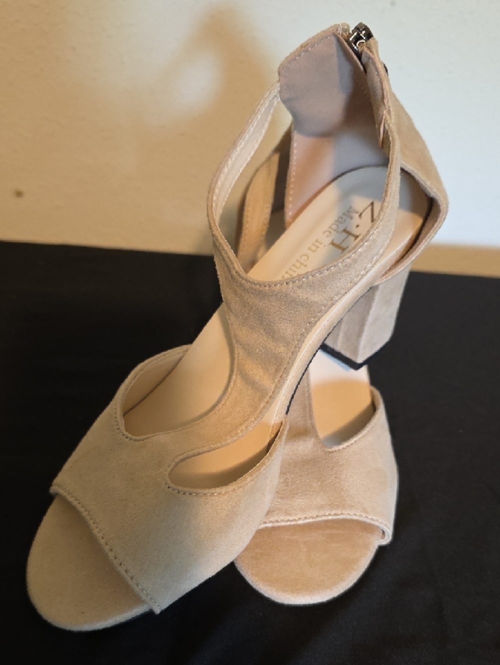 Nude Suede T-Strap Block Heel Sandals - Picture 7 of 13